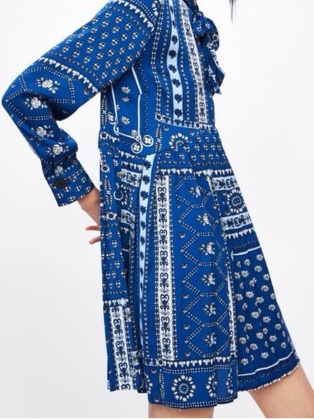 Zara Patchwork Pleated Long Sleeve Mini Dress in Bandana Blue, Women’s Small - Picture 1 of 16